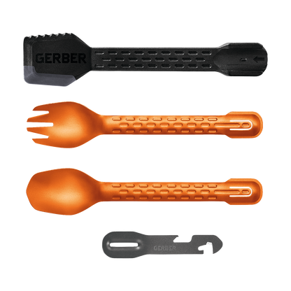 GERBER COMPLEAT LIGHTWEIGHT UTENSIL SET (SPATULA, FORK, SPOON AND MULTI-TOOL) - BURNT ORANGE